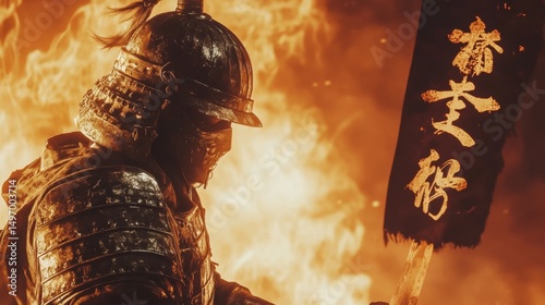 Warrior wearing helmet and armor with Asian banner in bright light and flame
