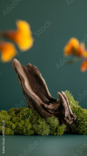 Natural wood pedestal with moss accents, set against a muted green background