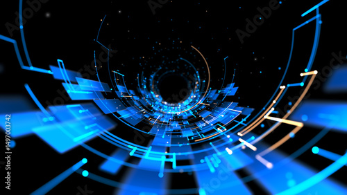 Fototapeta Naklejka Na Ścianę i Meble -  Abstract glowing blue tech tunnel with digital lines and floating data elements, perfect for technology, cyber, or futuristic concepts. Technology abstract background 3D Rendering