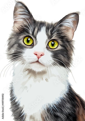 Watercolor portrait of a short-haired calico cat with a mix of orange, black, and white fur - vector illustration