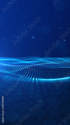 Futuristic vertical tech background featuring a glowing digital wave particle grid in deep blue, Digital data, and innovation abstract background 3D Rendering