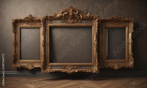 Intricate floral damask backdrop with aged photo frames ,  rich,  damask background