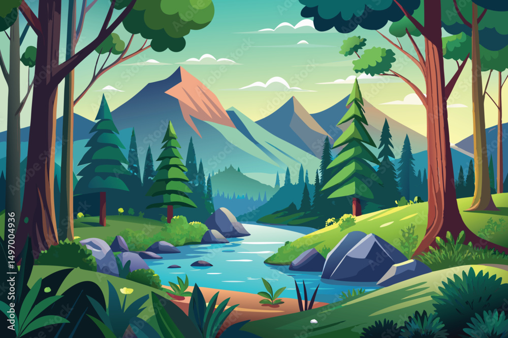 Naklejka premium mountain landscape with lake vector illustration