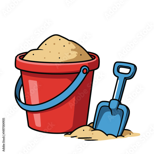 Sand in red bucket with blue shovel. Kid toys for building sand castle in beach vacation. Summer doodle icon vector illustration isolated on white background