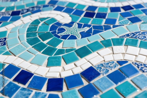 Ocean-Inspired Mosaic Artwork Featuring Waves and Sea Creatures photo