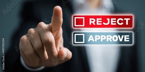 Businessperson making approval decision with digital buttons for reject and approve in a professional setting