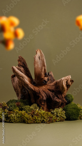 Organic product display featuring weathered driftwood and vibrant green moss