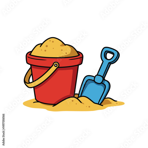 Sand in red bucket with blue shovel. Kid toys for building sand castle in beach vacation. Summer doodle icon vector illustration isolated on white background