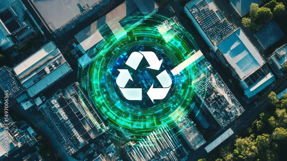 A green recycle symbol made of foliage or grass, set against a green background with tree-like shapes.