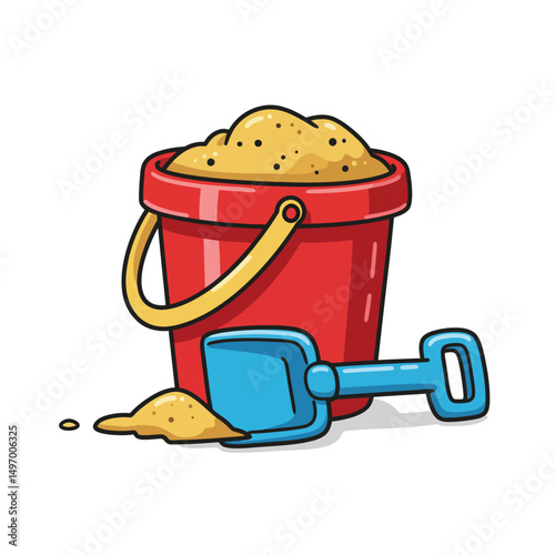 Sand in red bucket with blue shovel. Kid toys for building sand castle in beach vacation. Summer doodle icon vector illustration isolated on white background