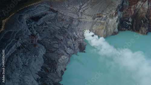 aerial view of the interior of a volcano crater, with a lake of sulphur. Java, Indonesia - 19th March 2025