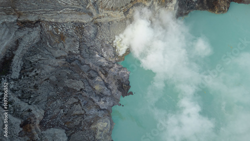 aerial view of the interior of a volcano crater, with a lake of sulphur. Java, Indonesia - 19th March 2025