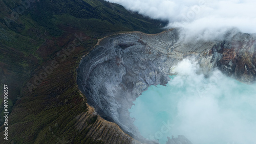 aerial view of the interior of a volcano crater, with a lake of sulphur. Java, Indonesia - 19th March 2025