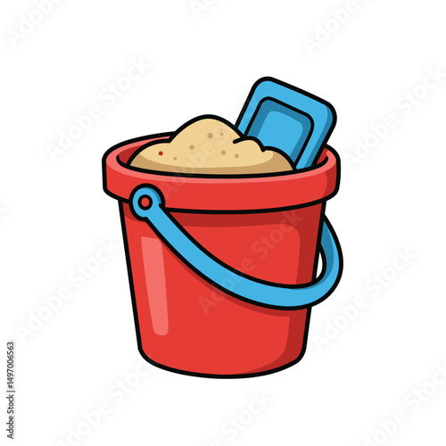 Sand in red bucket with blue shovel. Kid toys for building sand castle in beach vacation. Summer doodle icon vector illustration isolated on white background