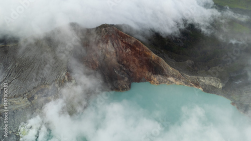 aerial view of the interior of a volcano crater, with a lake of sulphur. Java, Indonesia - 19th March 2025