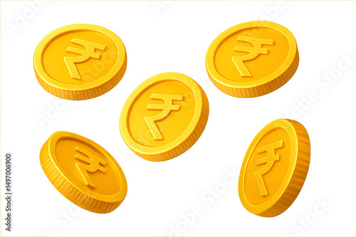 Floating Golden Indian Rupee Coins Isolated on Transparent Background – 3D Render Symbolizing Finance, Wealth, and Digital Currency
