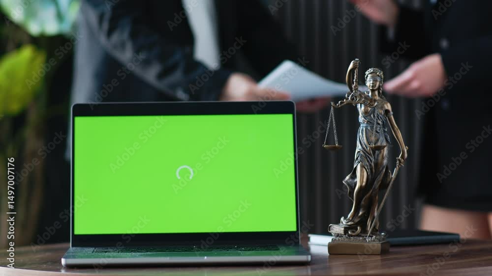 Legal advice office. On the desk is a close-up of a laptop with a green screen and a statue of justice. A conception of justice and law.