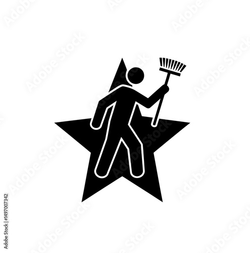 Sweeper logo icon vector in black color on white background. Broom man. Street cleaner.