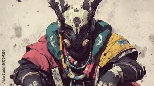 Intense View of Futuristic Warrior Figure Wearing Helmet and Gas Mask with Decorative Horns