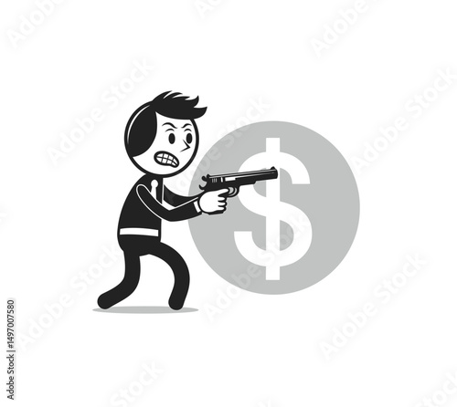 Thief holding gun with money sign icon vector isolated on white. 