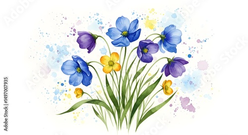watercolor bunch of  blue purple and golden flowers