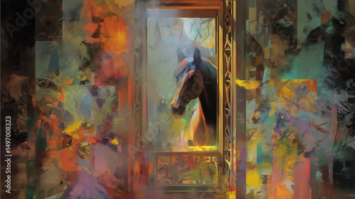 an artistic depiction of a majestic horse looking outward from an intricate window framed with vibrant flowing strokes of color and light