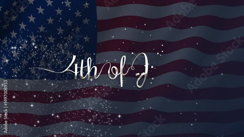 4th of July greeting animation, lettering text with waving USA flag background and fireworks splash, Happy Independence Day united states of america concept, for banner, feed, stories