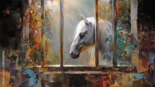 a dramatic composition showing a proud horse framed by an elaborate window and swirling colors that suggest fantasy and movement