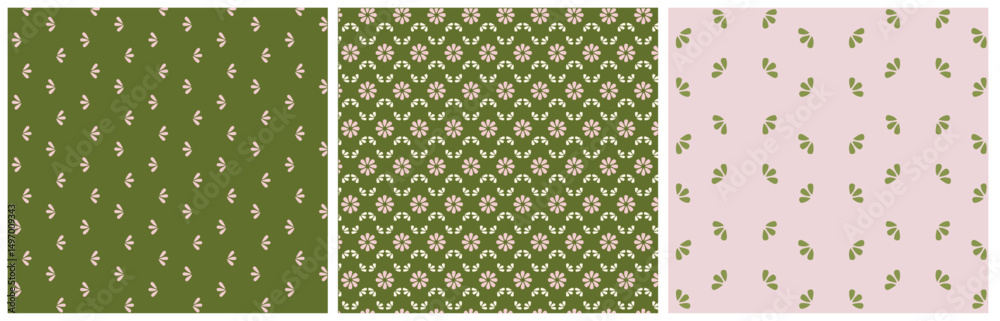 Motif pétales vert et rose - Trois Motifs sans couture - Seamless
