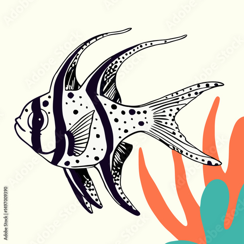 Black and White Moorish Idol Fish Line Art Illustration