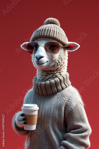 AI Generative. Cool Llama with Coffee Wearing Winter Clothes on red background. 4