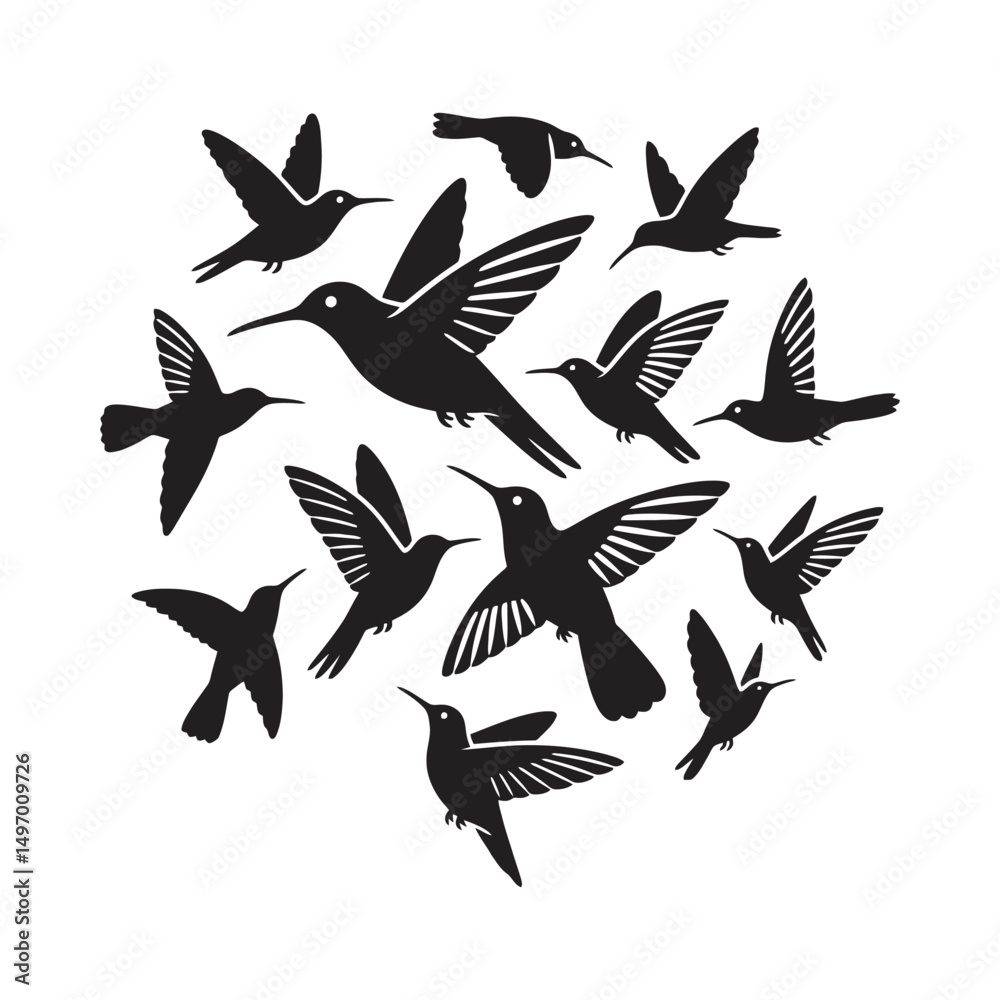 Obraz premium A curated set of minimalist hummingbird vector illustrations featuring sleek lines, simple shapes, and elegant designs ideal for modern projects.