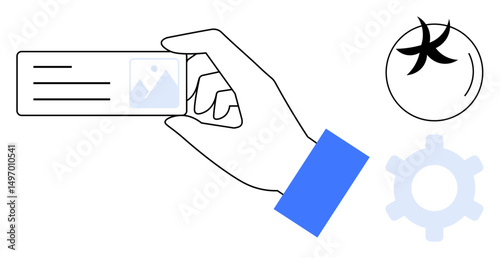 Hand holding an ID card with photo placeholder, gear symbolizing settings or solutions, and a starfish icon representing uniqueness or creativity. Ideal for identity, creativity, work process