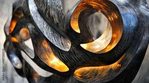 Abstract Metalwork Sculpture with Golden Light Accents and Textured Surface