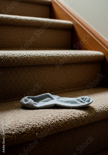 A sock lies discarded on carpeted stairs. Depicting everyday domestic clutter and forgotten laundry. Home lifestyle and routine concept.