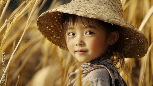 Asian Child Wearing a Straw Hat Standing in a Field of Golden Wheat