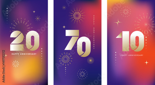 Modern anniversary celebration cards with colorful gradient background