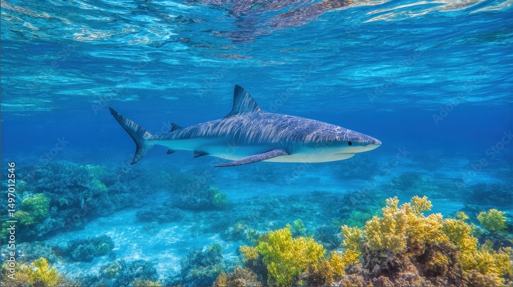 Fototapeta premium Grauer Riffhai im Korallenriff