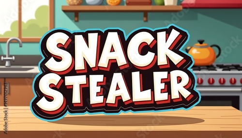 Snack Stealer Kitchen Scene: This vibrant illustration encapsulates the delightful chaos and playful energy of a kitchen setting, with the words 