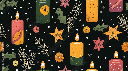 Colorful candle star holly pine seamless pattern with festive handmade decor and joyful Christmas spirit