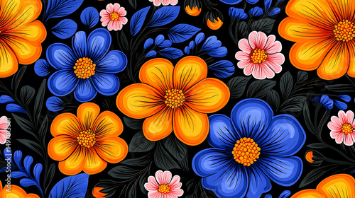 Bright floral seamless pattern with orange, blue, and pink flowers on black background creating lively and colorful design