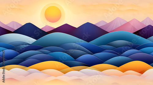 Sunrise over layered blue and purple mountain hills with soft orange and pink sky creating peaceful landscape