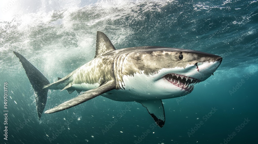Fototapeta premium 20.A dramatic illustration of a great white shark mid-swim, its sleek gray body and white underside highlighted by sharp details and its powerful jaws slightly open.