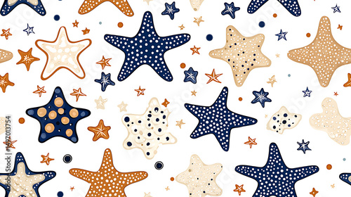 Starfish pattern seamless design with warm tones and playful dots creating lively and cheerful marine atmosphere