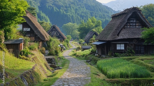 Japanese Thatched Roof Farmhouses along a Stone Paved Path in a Verdant Rural Setting