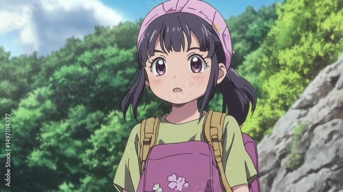 Animated Asian Young Girl with Backpack and Hat in Outdoors Environment