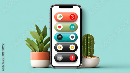 Voice guided mental health tool with rounded UI on smartphone screen, placed between two potted plants on blue background