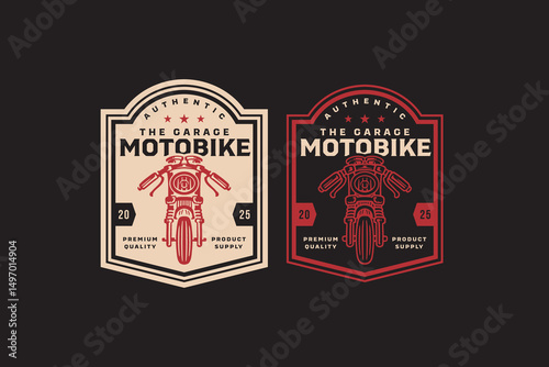motorcycle front view retro badge logo vector design set for garage, workshop, racing. drag race motorbike vintage emblem logo graphic collections. classic motorcycle illustration element designs