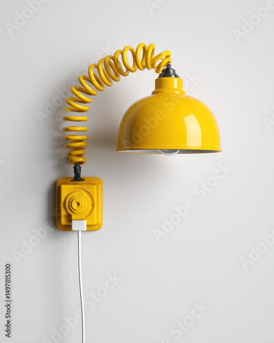 A photorealistic 2D-rendered yellow clip-on lamp, crafted with detailed precision, offering a bright pop of color in any setting