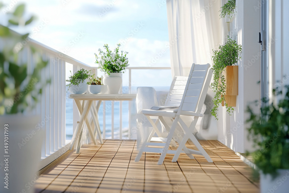 Fototapeta premium Minimalist balcony light wood decking, white patio feels peaceful and calm